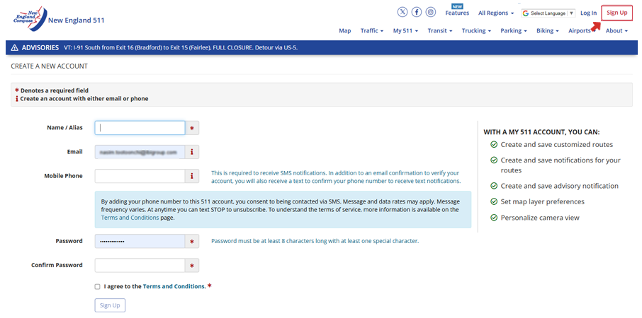 Signing up with New England 511